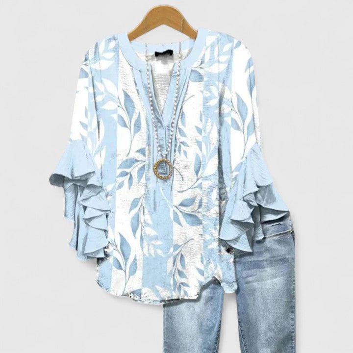Floral Print V-Neck Ruffle Flare Sleeve Blouse