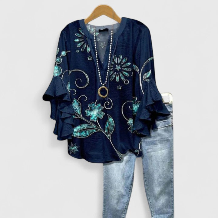 Floral Print V-Neck Ruffle Flare Sleeve Blouse