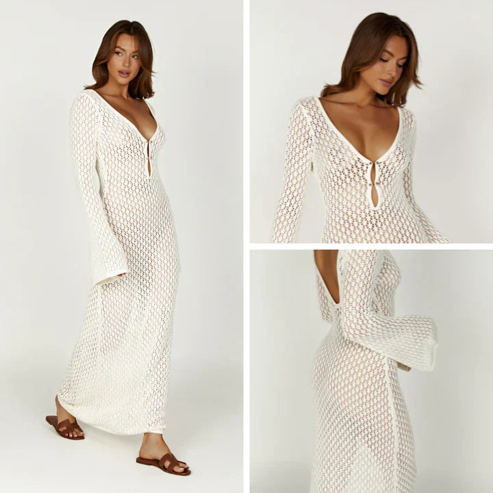Open Knit Crochet Deep V-Neck Keyhole Bell Sleeve Bodycon Maxi Dress