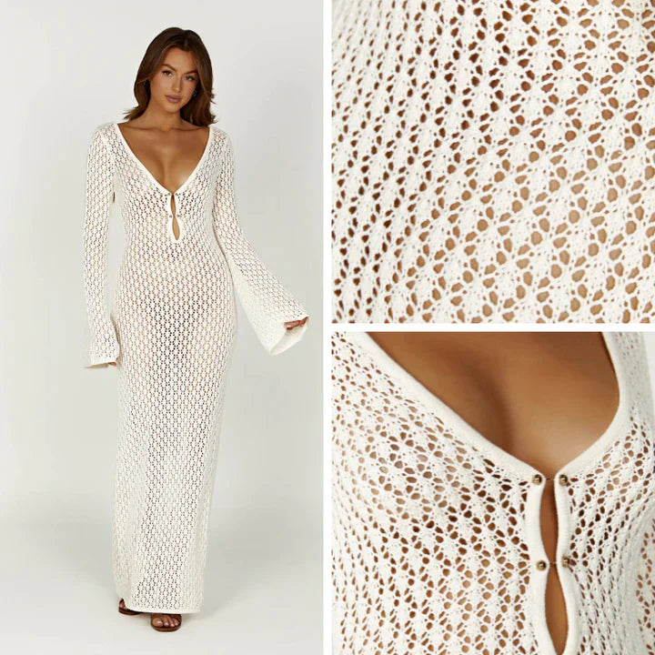 Open Knit Crochet Deep V-Neck Keyhole Bell Sleeve Bodycon Maxi Dress