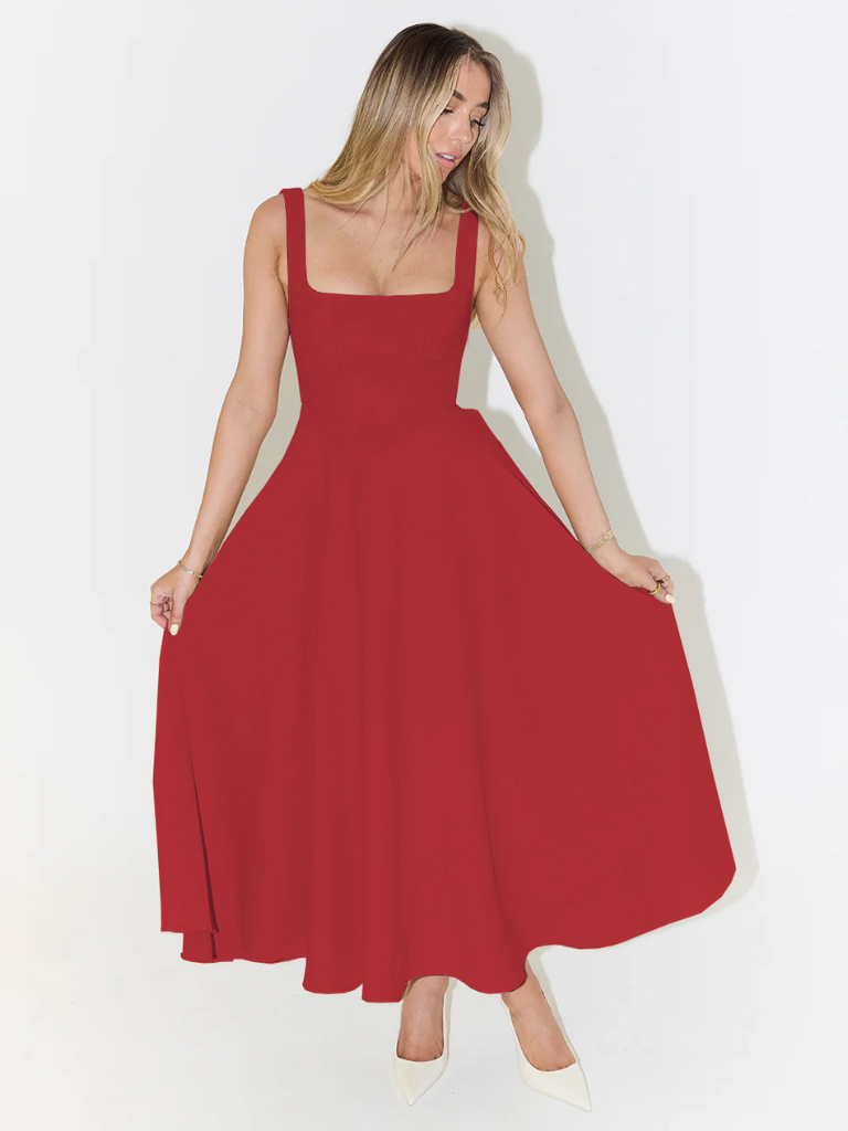 Square Neck Sleeveless Fit and Flare Maxi Dress Wedding Guest