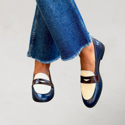 Patent Look Round Toe Contrast Penny Strap Flat Loafers