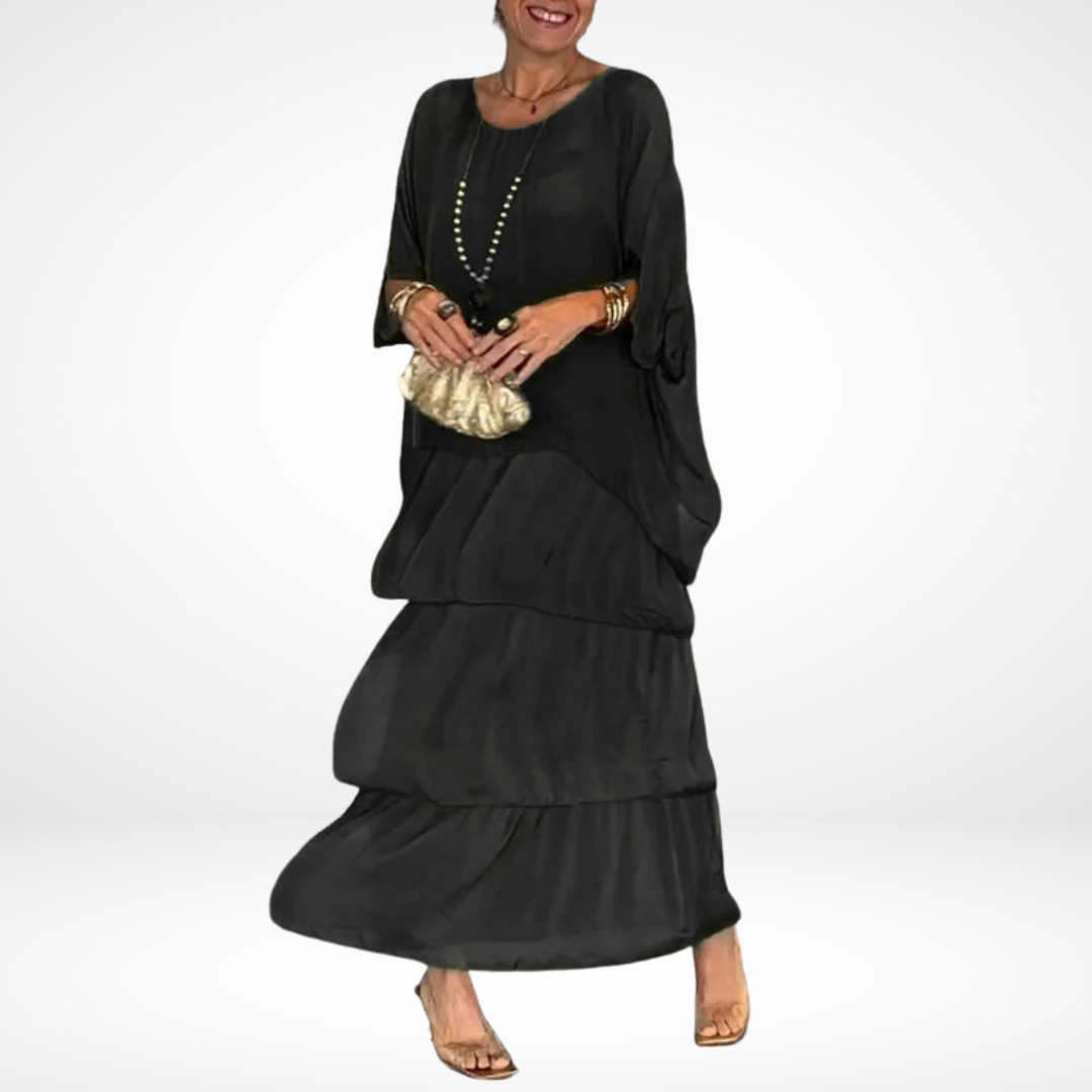 Chiffon Round Neck Batwing Sleeve Layered Tiered Maxi Dress 5