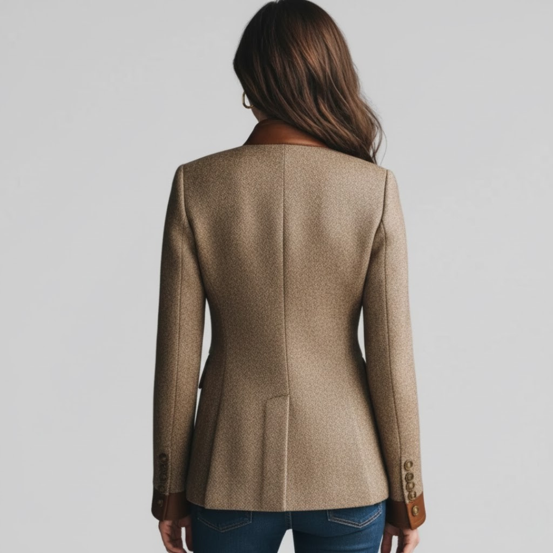 Faux Leather Trim Button Front Tweed Jacket