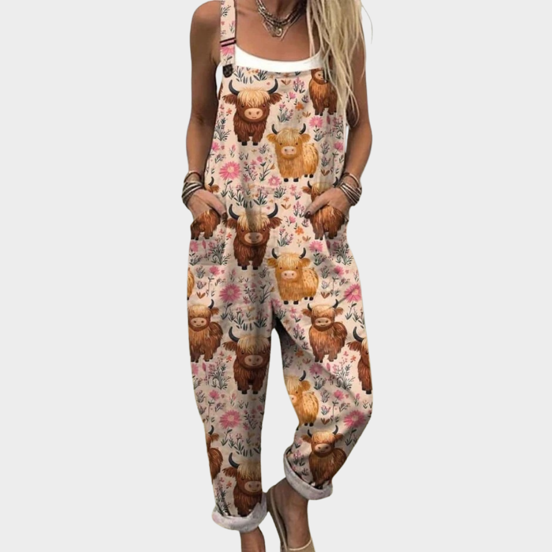 Cow Print Sleeveless Pocket Overall Jumpsuit