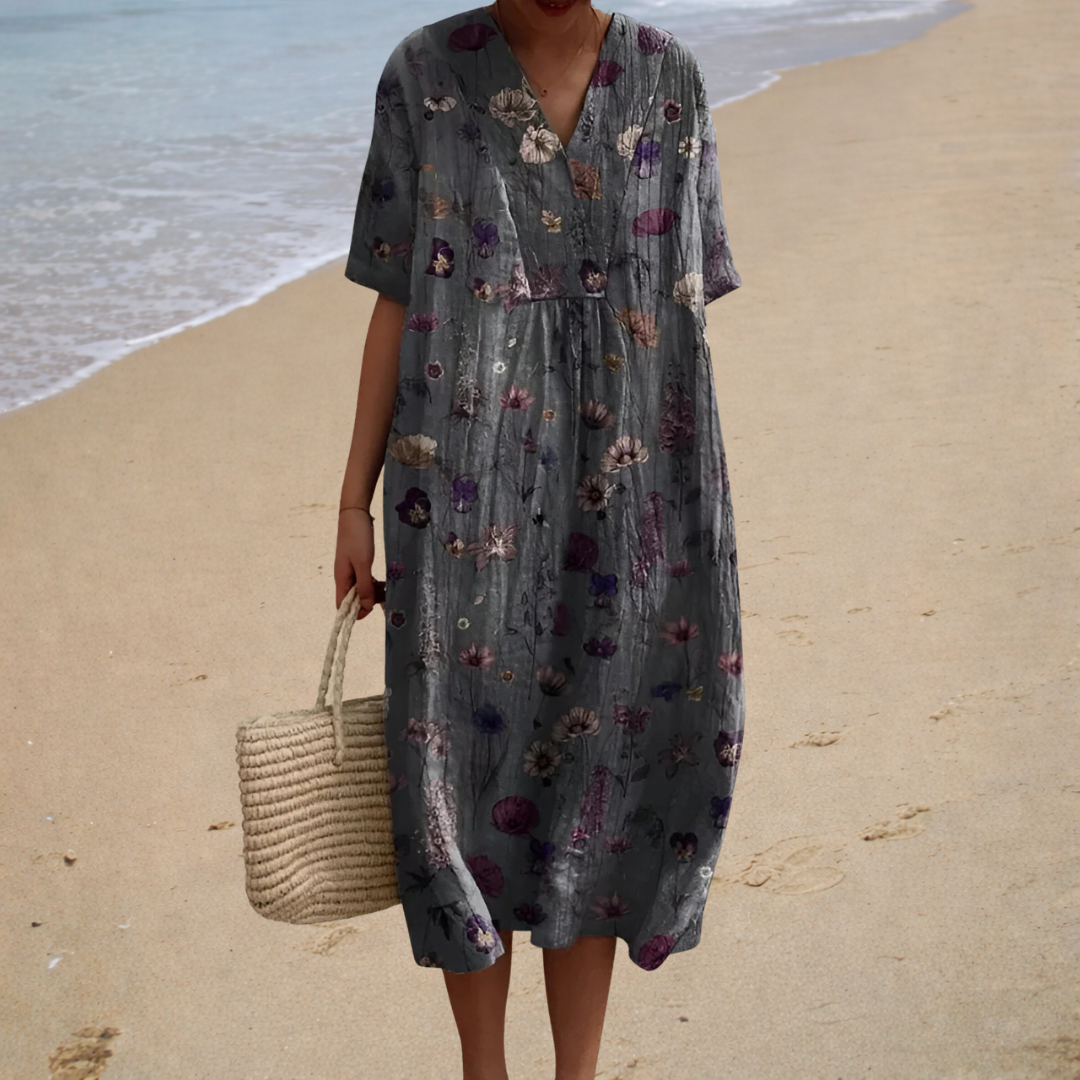 Floral Print V-Neck Short Sleeve Pocket Midi Dress