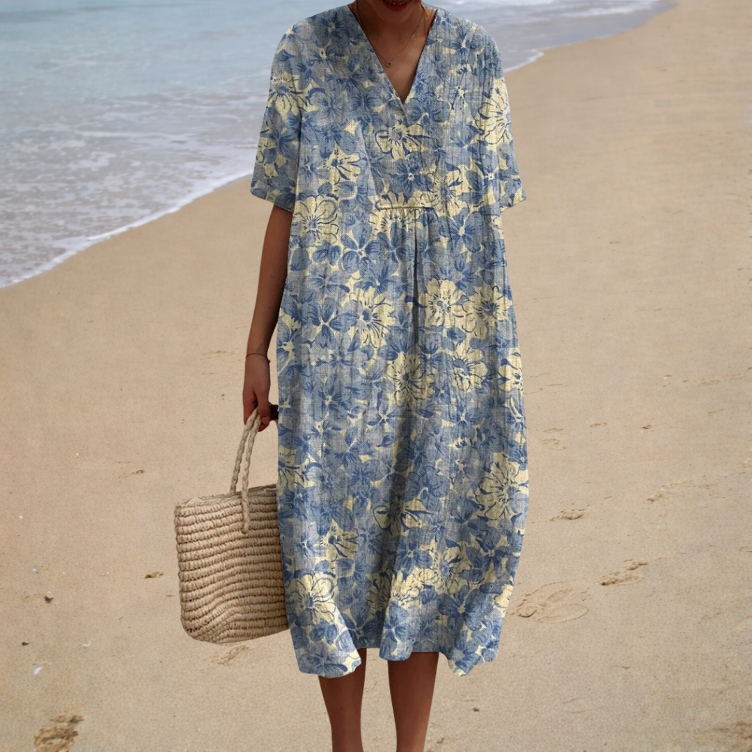 Floral Print V-Neck Short Sleeve Oversized Midi Dress