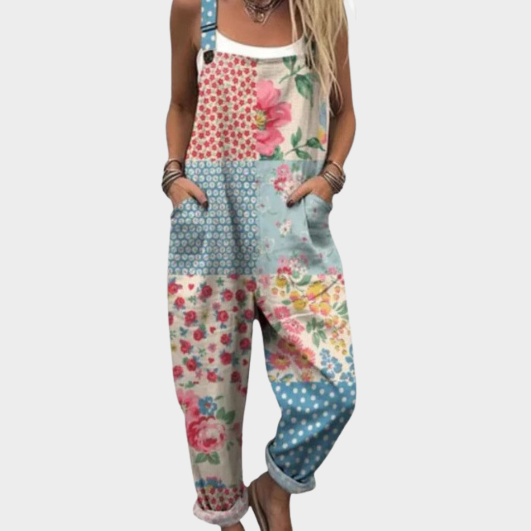 Floral Patchwork Print Sleeveless Overall Jumpsuit