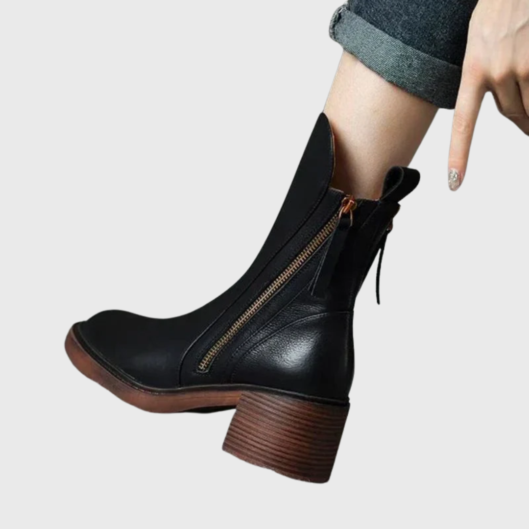 Round Toe Front Zip Block Heel Ankle Boots
