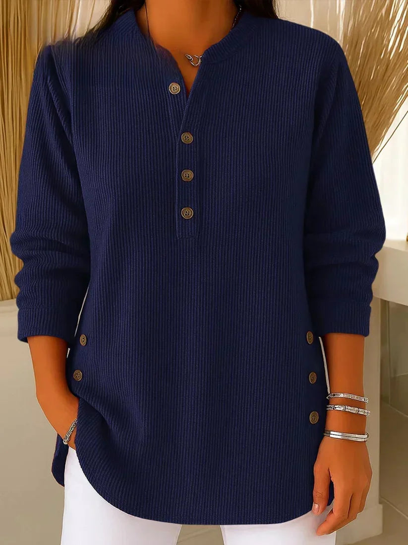 Ribbed Henley Long Sleeve Button Side Curved Hem Top
