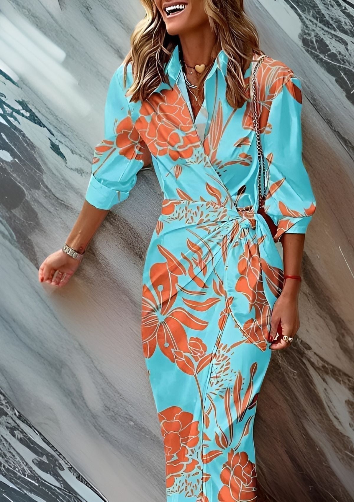 Olivia – Printed Waist-Cinching Shirt Dress Turquoise