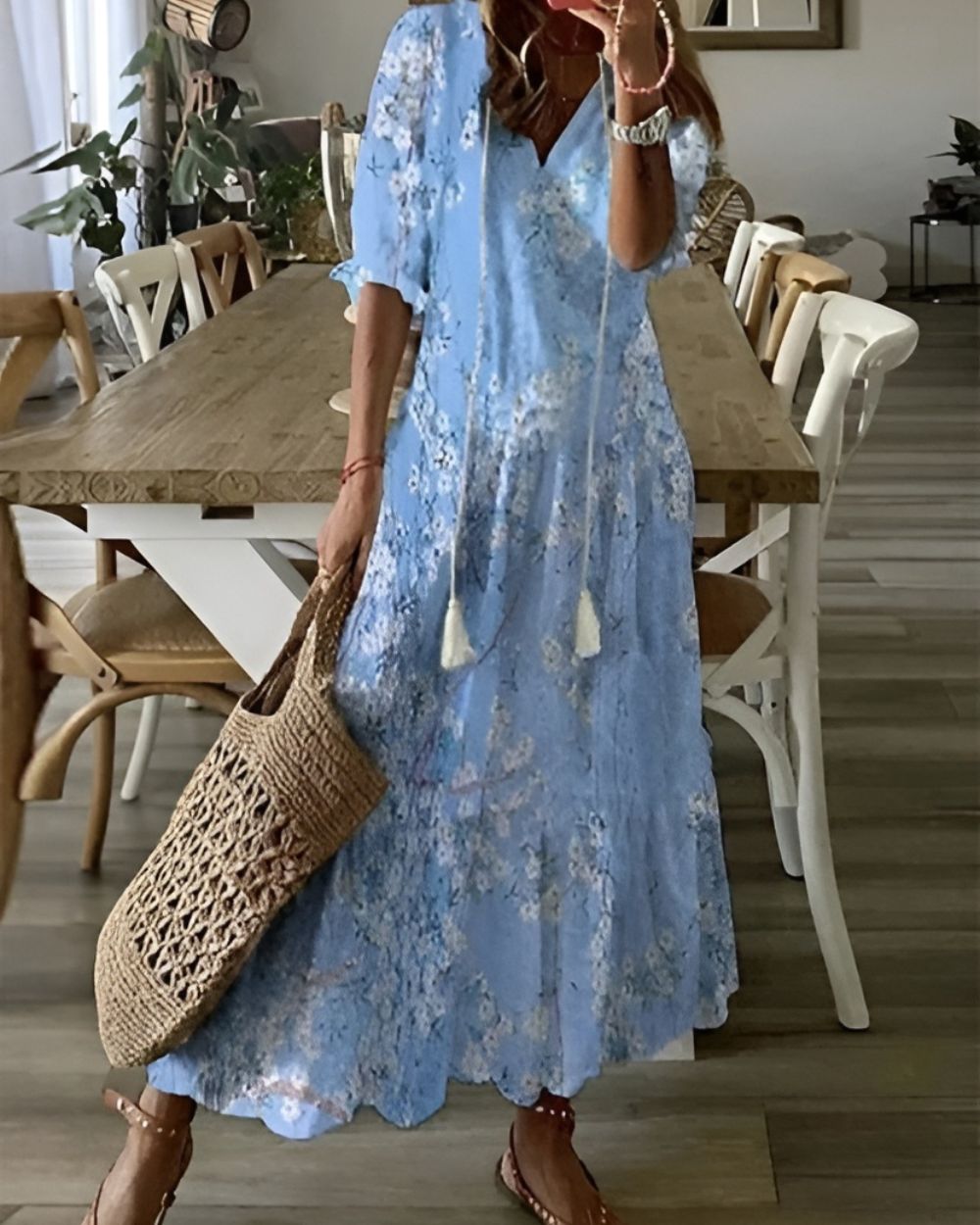 Ikat Print V-Neck Tassel Tie Tiered Maxi Dress 4