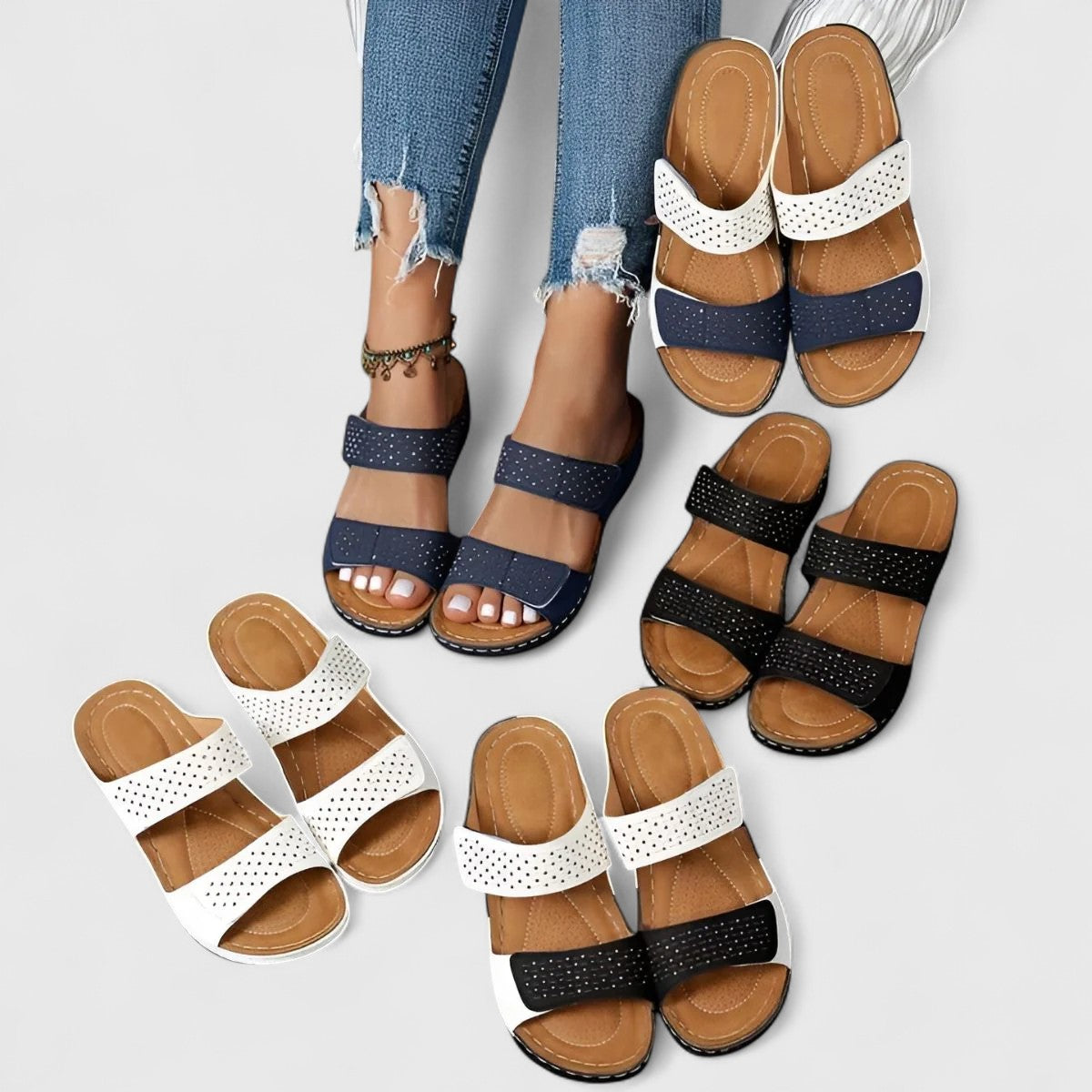 Open Toe Double Strap Studded Wedge Slide Sandals