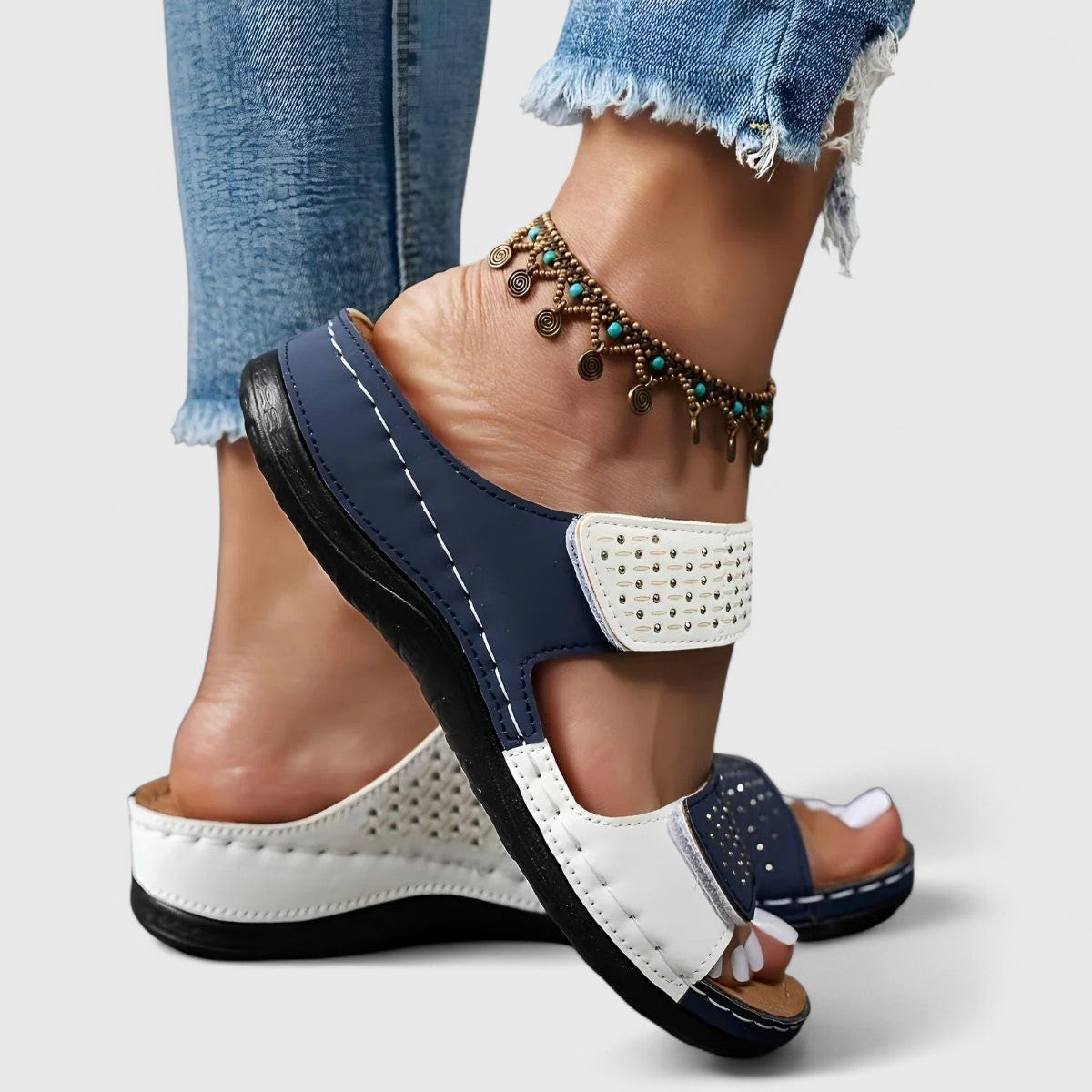 Open Toe Double Strap Studded Wedge Slide Sandals