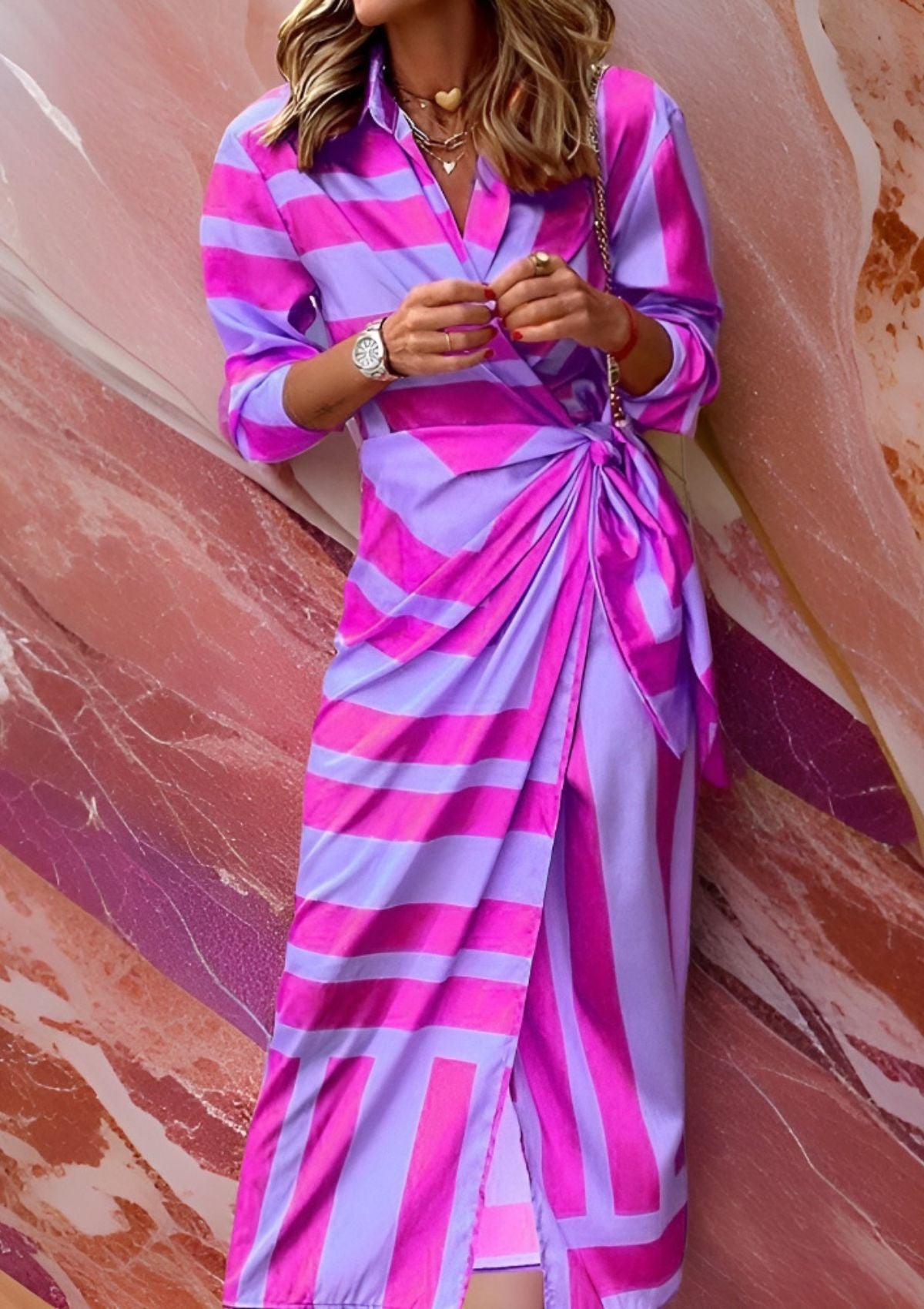 Olivia – Printed Waist-Cinching Shirt Dress Purple