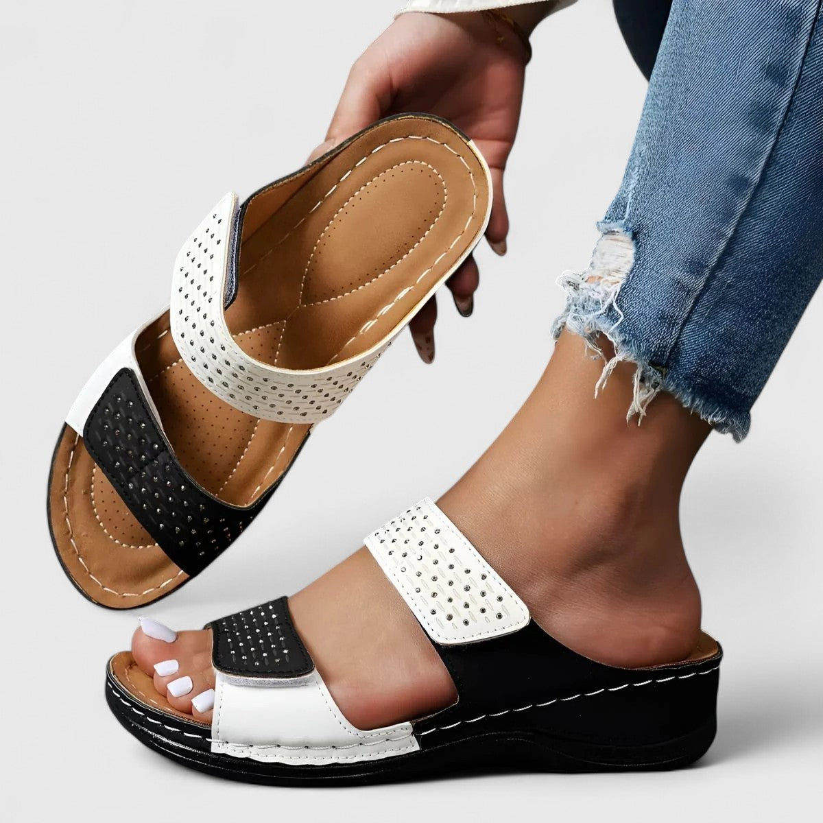 Open Toe Double Strap Studded Wedge Slide Sandals