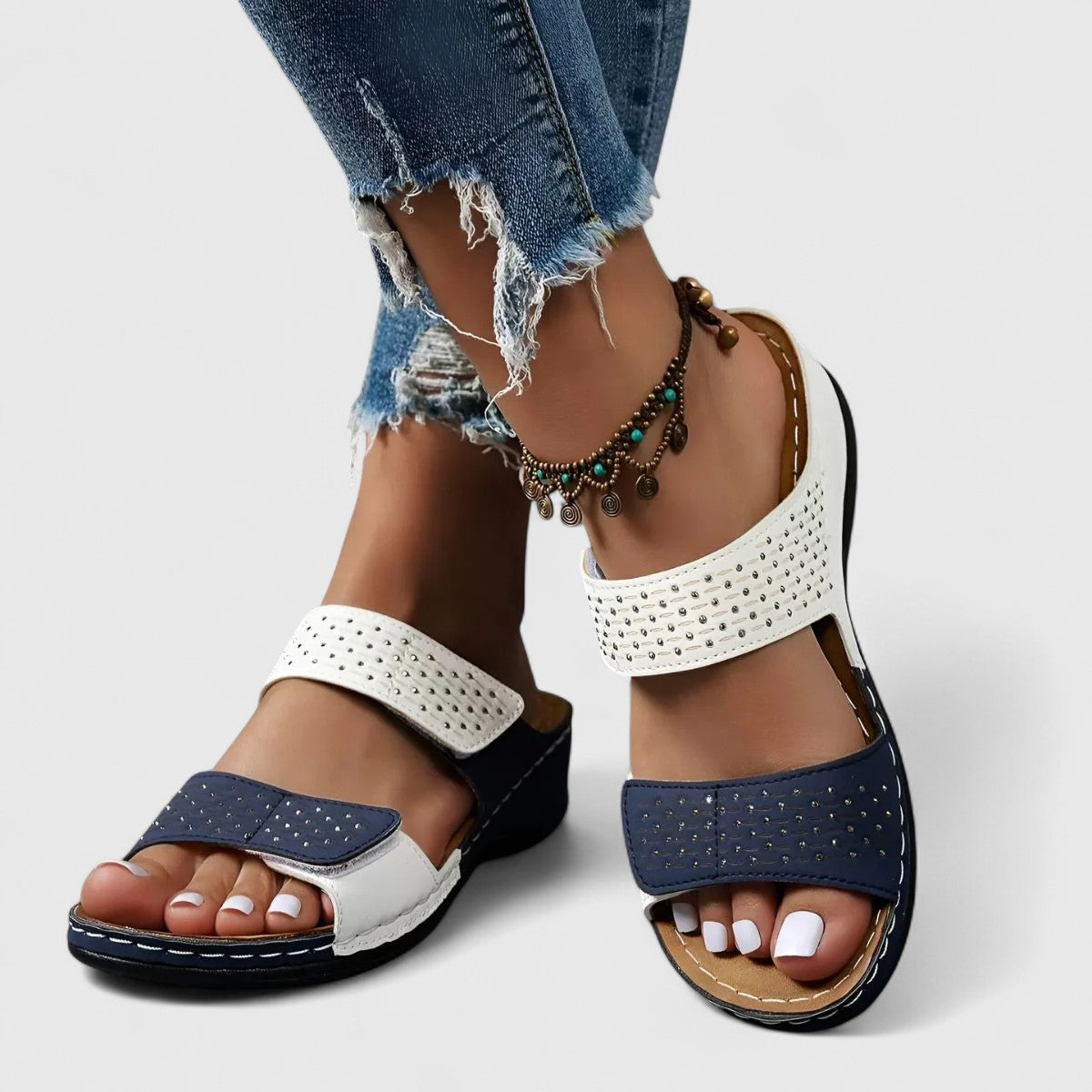 Open Toe Double Strap Studded Wedge Slide Sandals