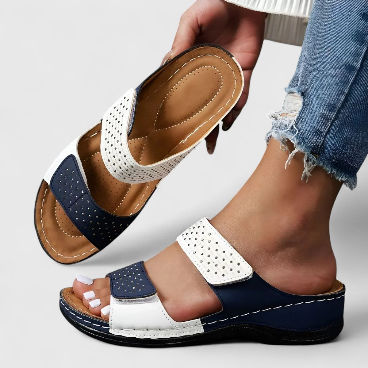 Open Toe Double Strap Studded Wedge Slide Sandals
