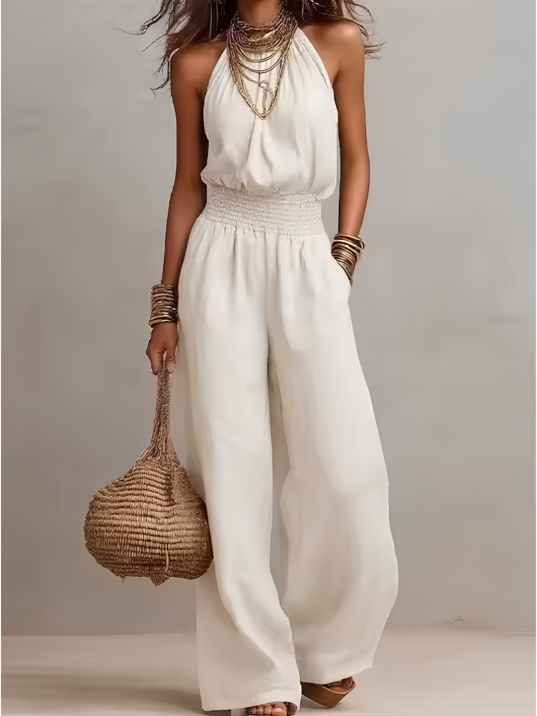 Halter Neck Smocked Waist Wide Leg Jumpsuit