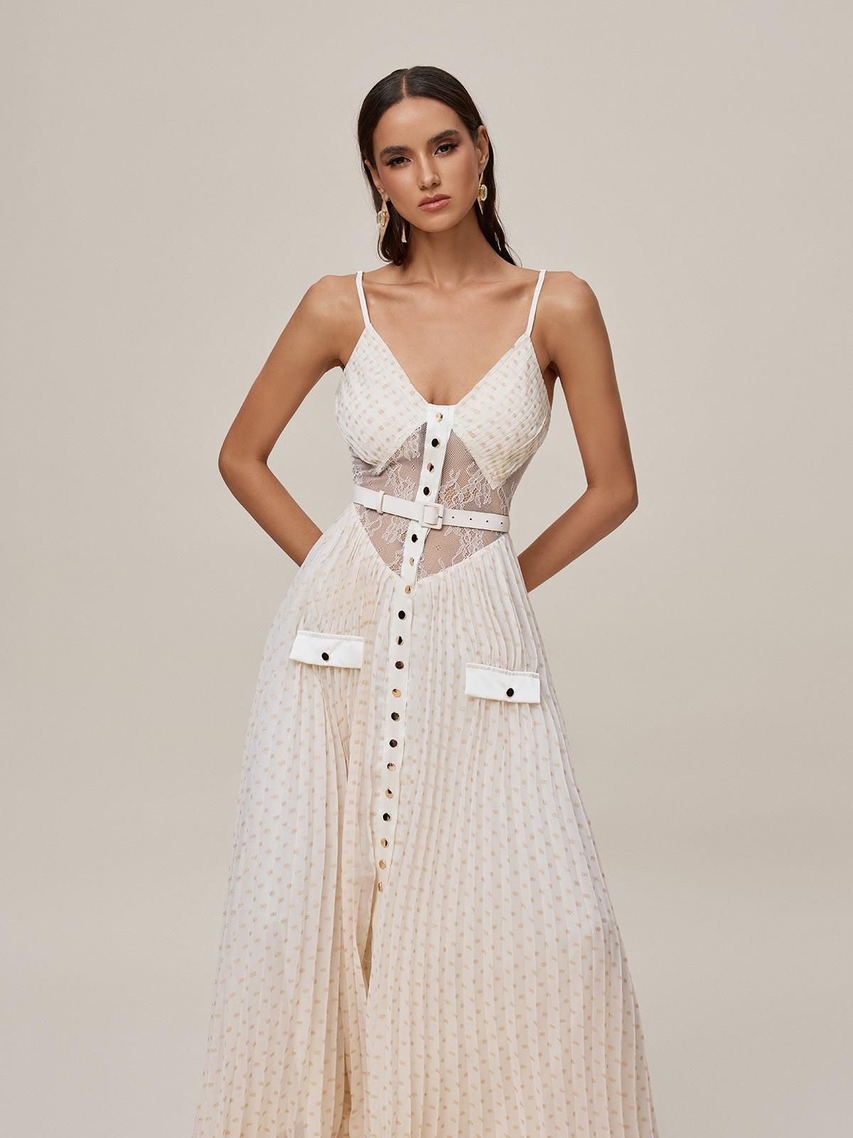 Spaghetti Lace Button Maxi Dress - View 3