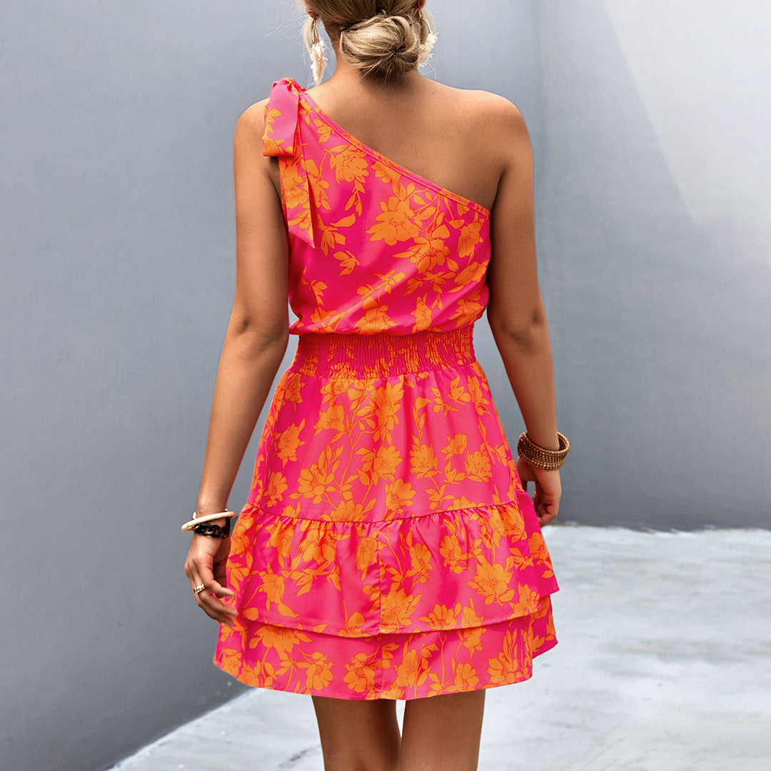 Floral One Shoulder Ruffle Tiered Mini Dress