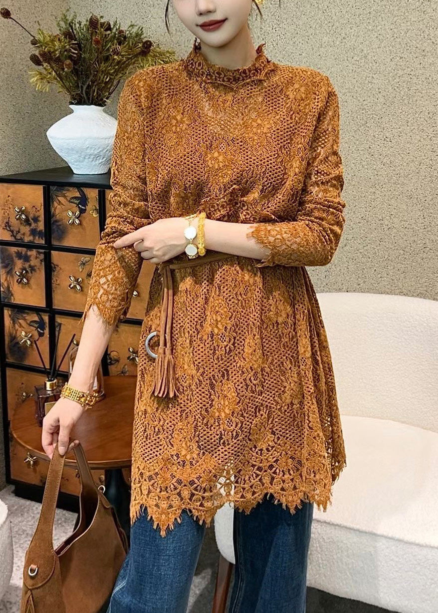 Crochet Lace Mock Neck Long Sleeve Scalloped Hem Tunic Top 2