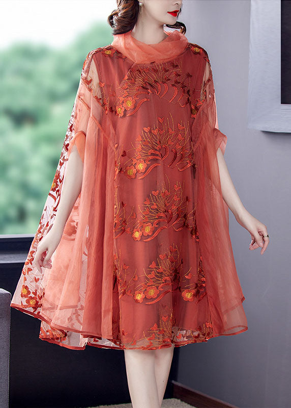 Mesh Embroidered Floral Overlay Cowl Neck Cape Sleeve A-Line Midi Dress