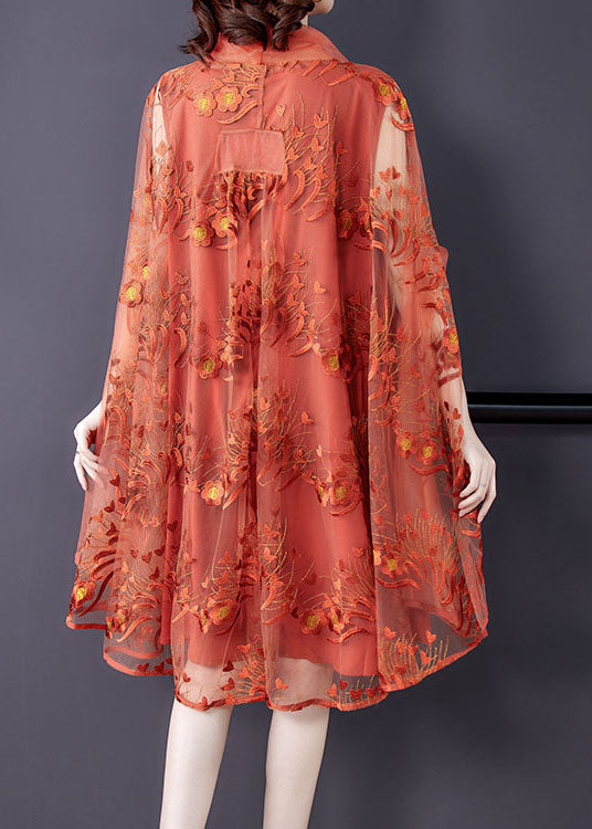 Mesh Embroidered Floral Overlay Cowl Neck Cape Sleeve A-Line Midi Dress