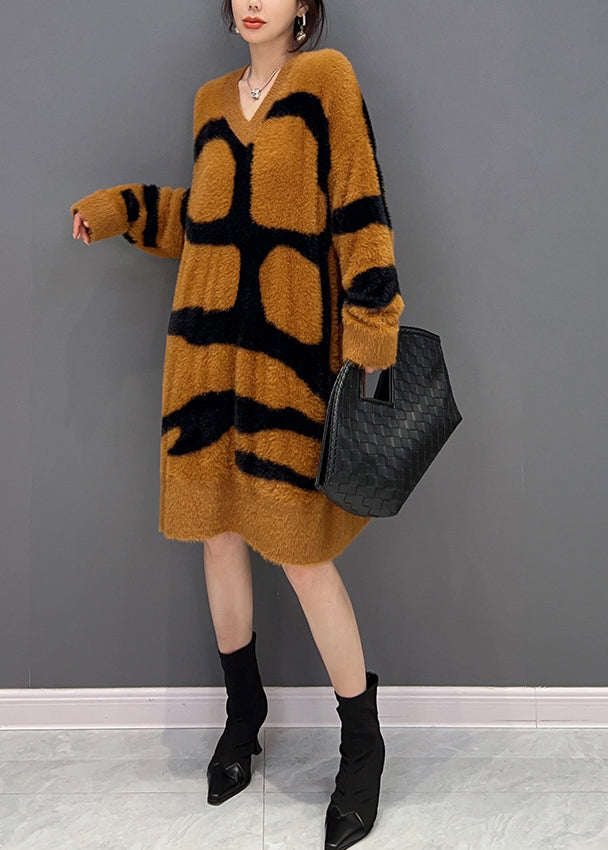 Orange V Neck Patchwork Mink Velvet Maxi Dress Fall - View 3