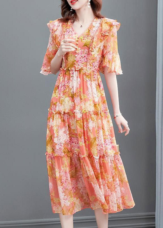 Floral Print V-Neck Pearl Button Flutter Sleeve Tiered Ruffle Maxi Dress