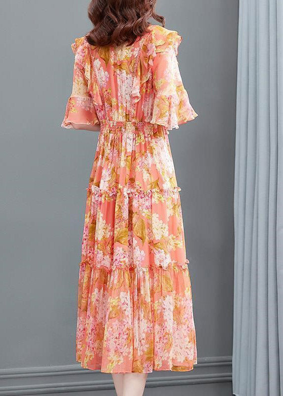 Floral Print V-Neck Pearl Button Flutter Sleeve Tiered Ruffle Maxi Dress