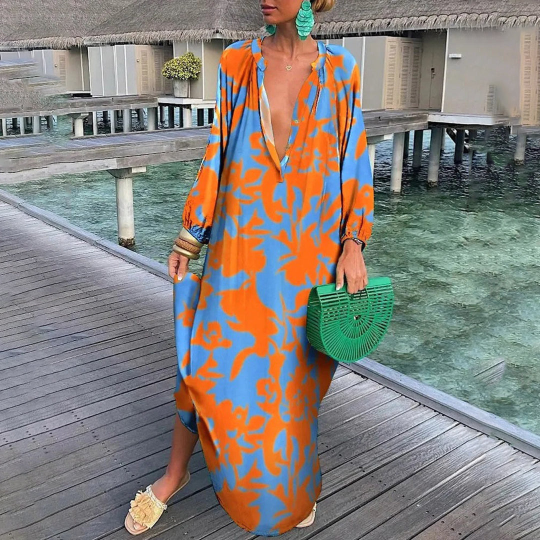Abstract Swirl Print Deep V-Neck Balloon Sleeve Kaftan Maxi Dress