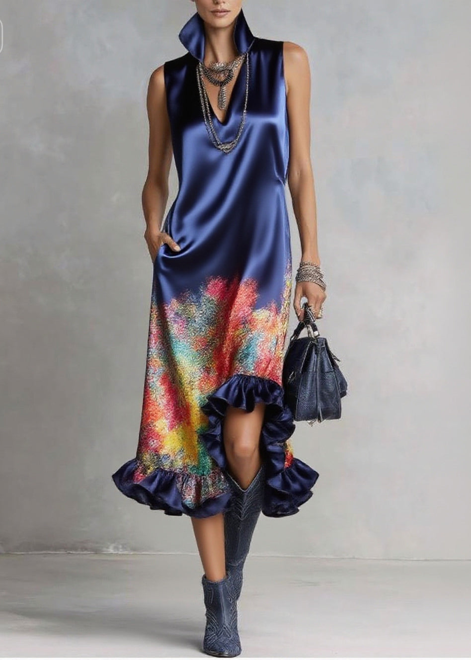 Satin High Collar Deep V-Neck Sleeveless Abstract Print Ruffle Hem Midi Dress
