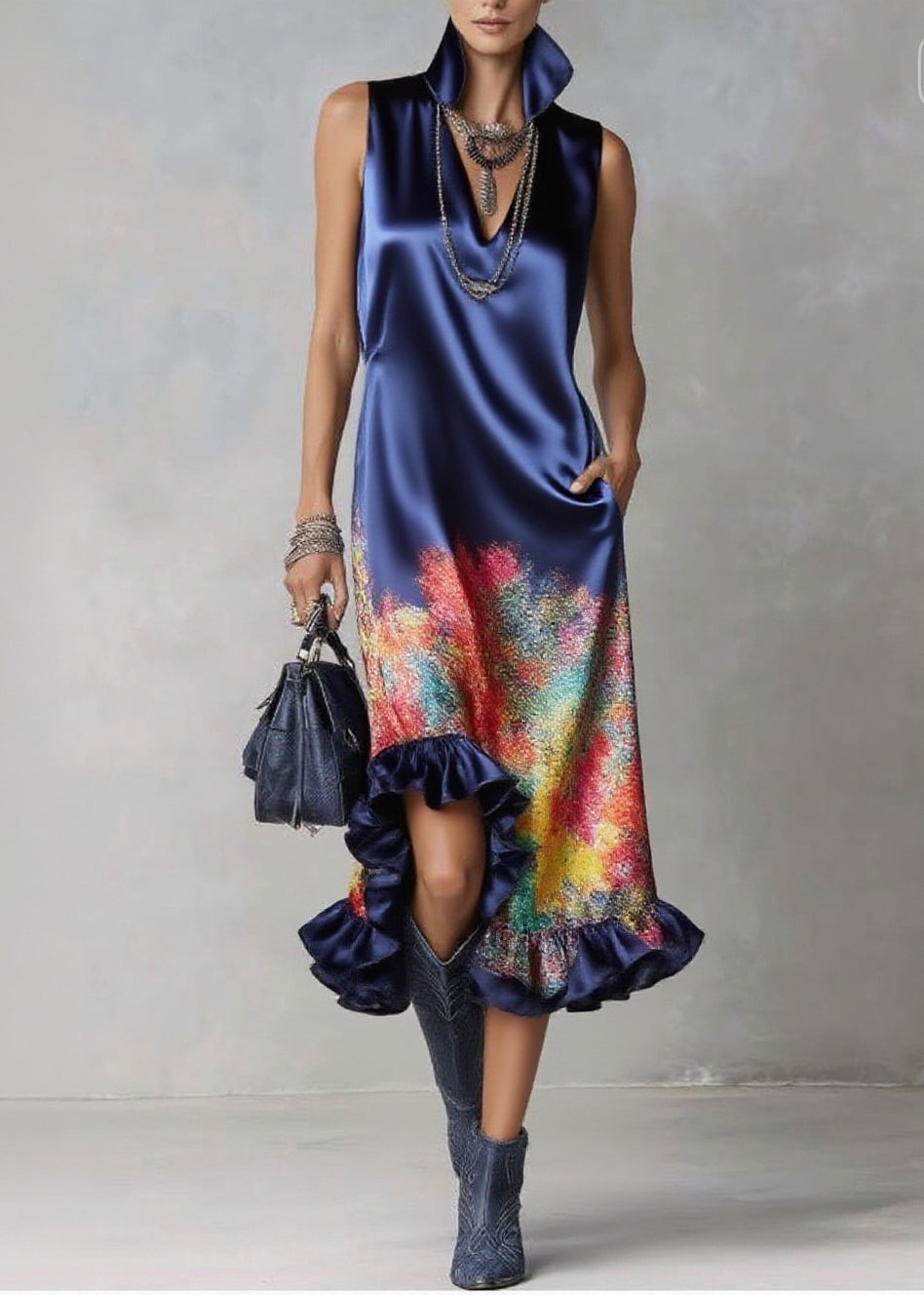 Satin High Collar Deep V-Neck Sleeveless Abstract Print Ruffle Hem Midi Dress