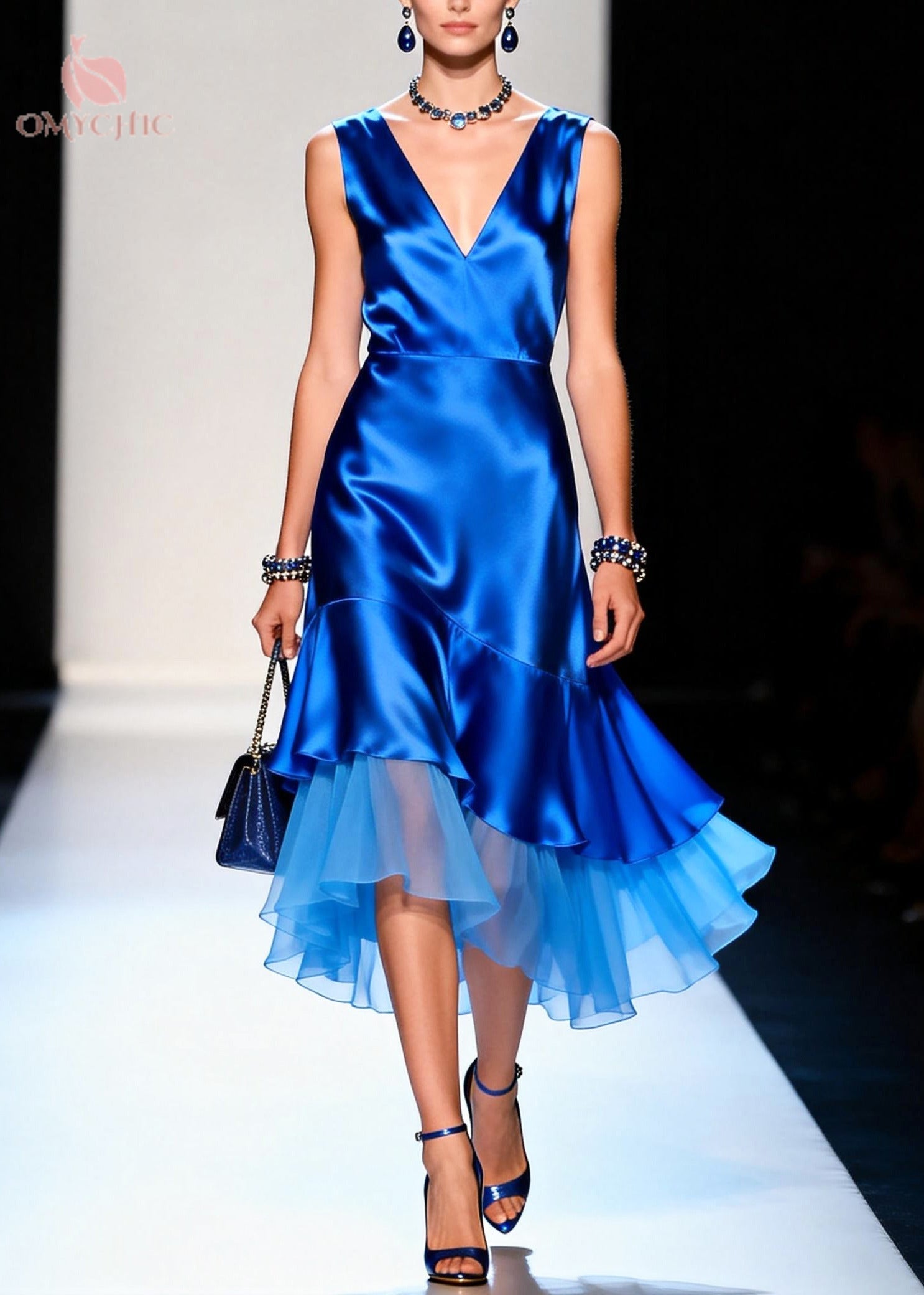 Sleeveless V-Neck Floral Satin Asymmetric Tiered Chiffon Midi Dress