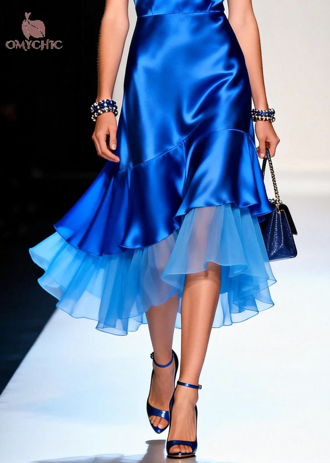 Sleeveless V-Neck Floral Satin Asymmetric Tiered Chiffon Midi Dress