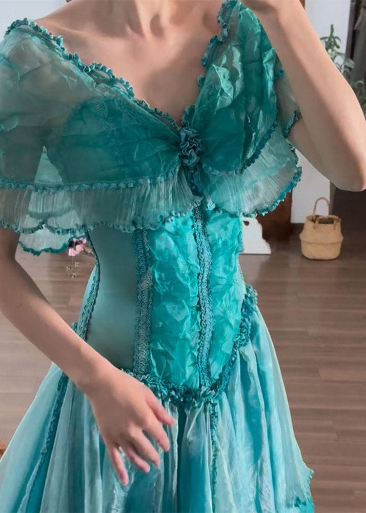 Organic Blue V Neck Ruffled Patchwork Tulle Maxi Dress Summer