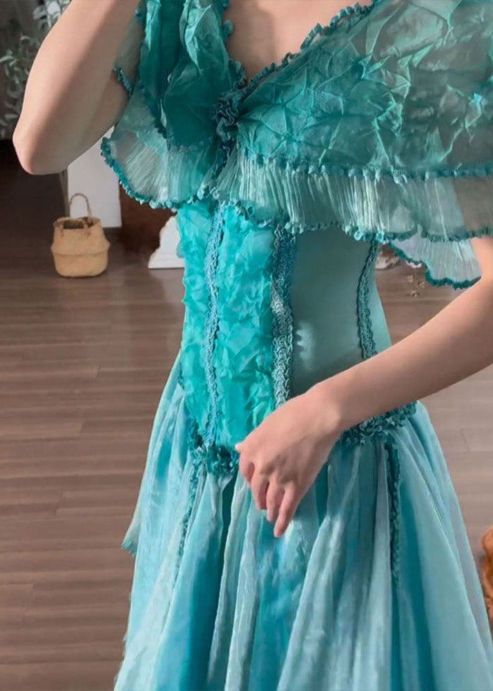 Organic Blue V Neck Ruffled Patchwork Tulle Maxi Dress Summer - View 2