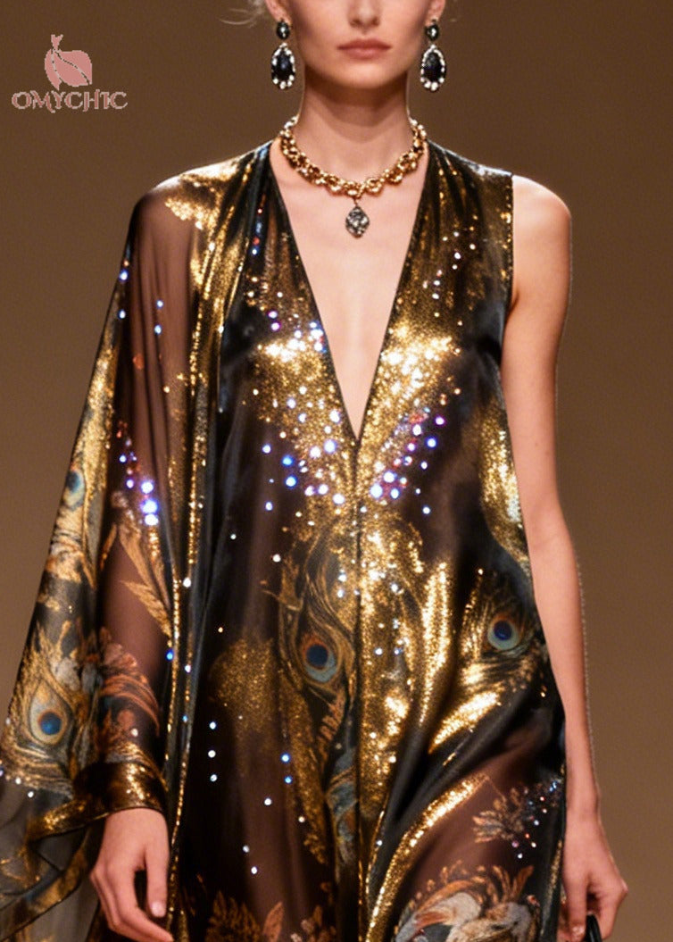 Peacock Print Sequin Deep V-Neck One Shoulder Cape Sleeve Sheer Chiffon Maxi Gown