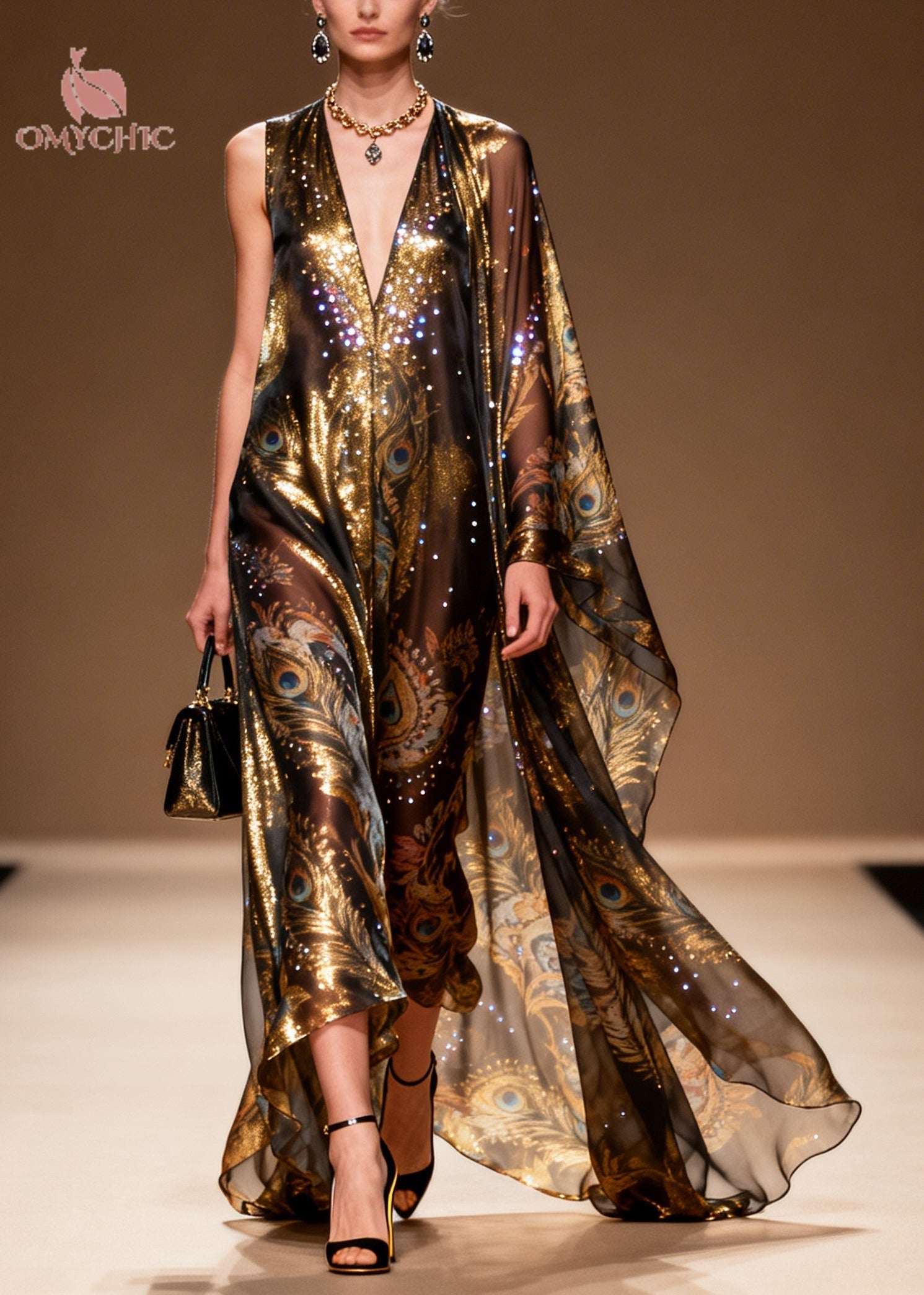 Peacock Print Sequin Deep V-Neck One Shoulder Cape Sleeve Sheer Chiffon Maxi Gown