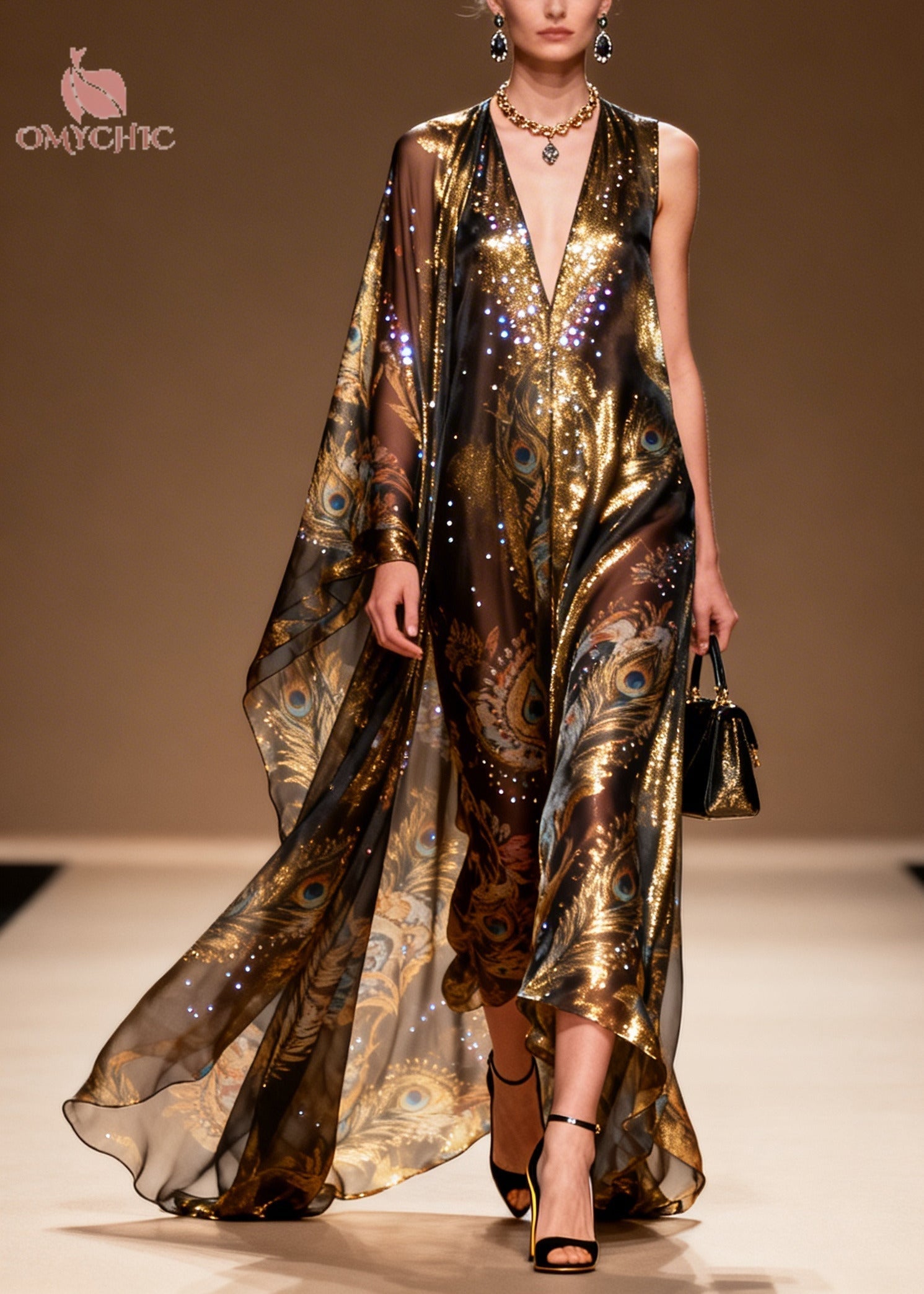 Peacock Print Sequin Deep V-Neck One Shoulder Cape Sleeve Sheer Chiffon Maxi Gown