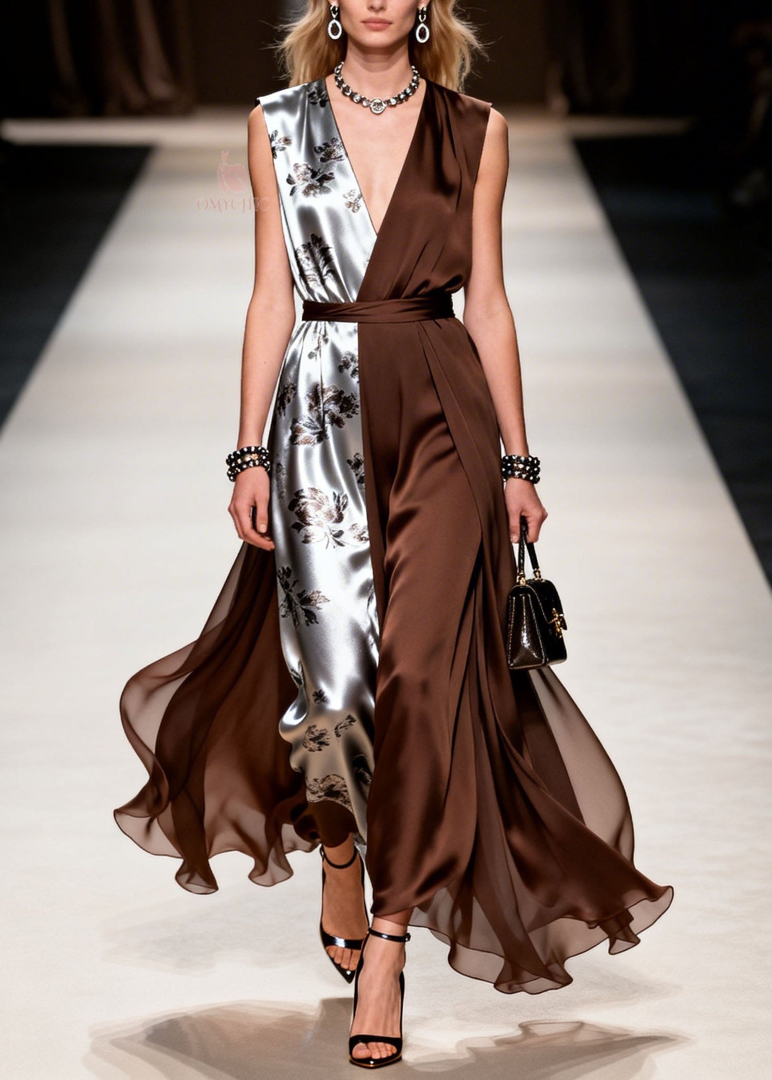 Satin Floral Print Deep V-Neck Sleeveless Belted Wide Leg Jumpsuit