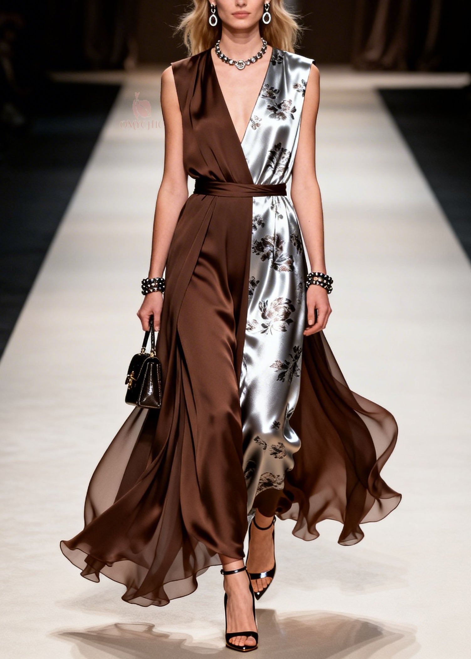 Satin Floral Print Deep V-Neck Sleeveless Belted Wide Leg Jumpsuit
