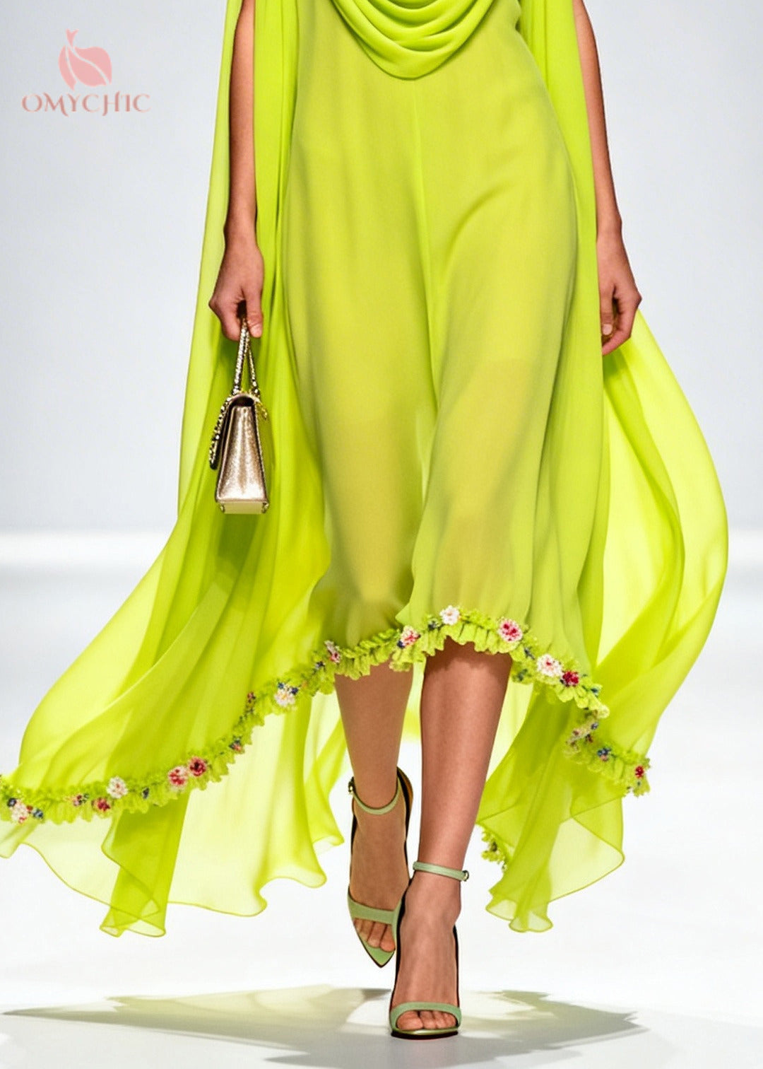 Sleeveless Cowl Neck Cape Wing Floral Trim High Low Chiffon Maxi Dress
