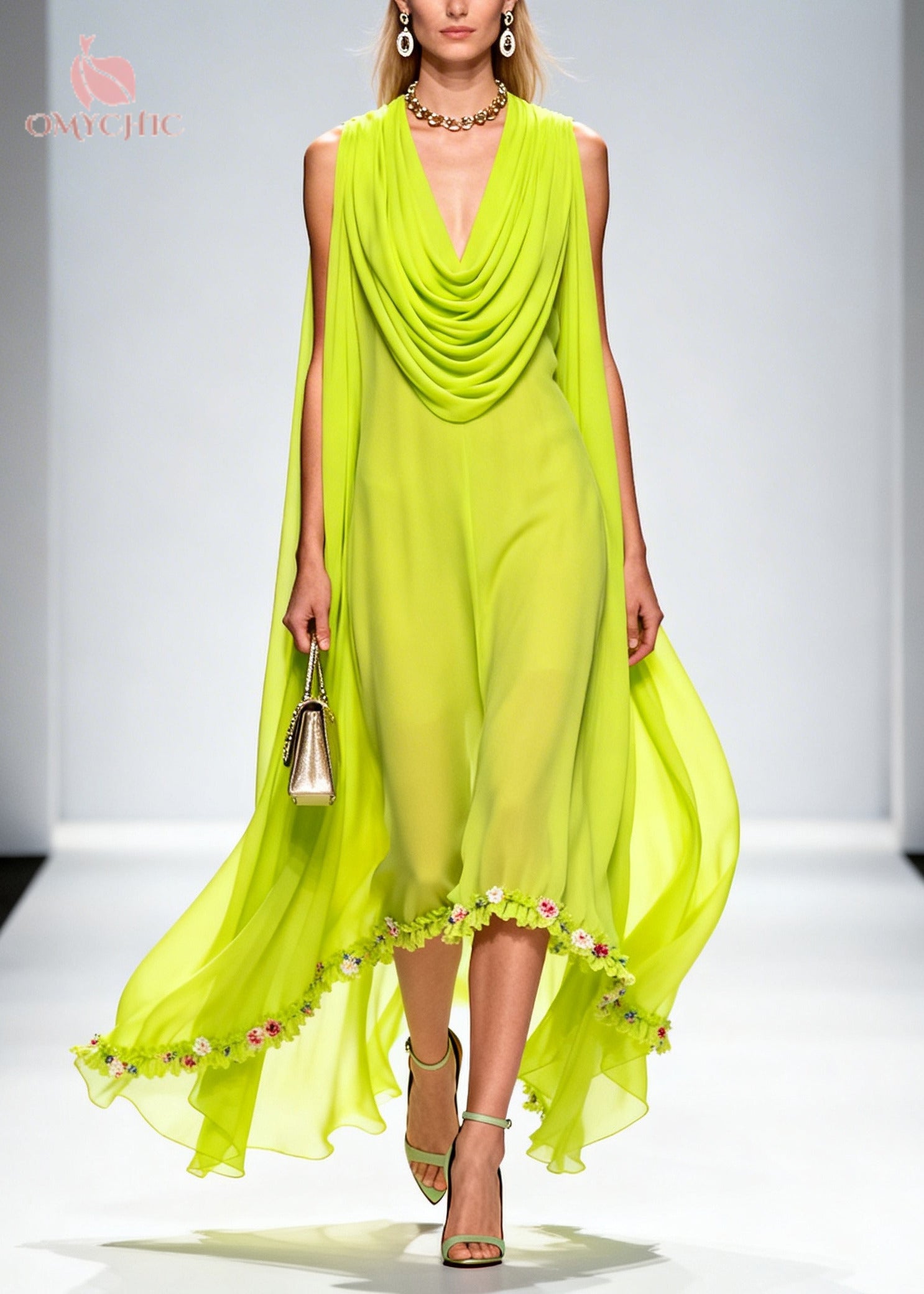 Sleeveless Cowl Neck Cape Wing Floral Trim High Low Chiffon Maxi Dress