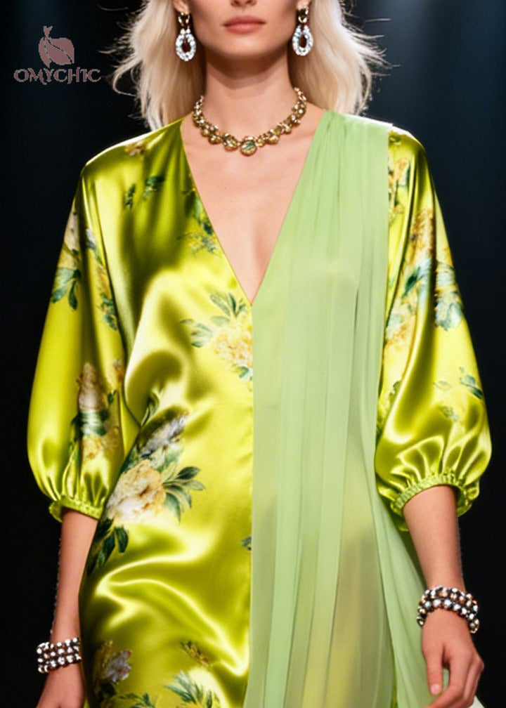 Floral Print Deep V-Neck Puff Sleeve Asymmetric Sheer Drape Satin Maxi Gown