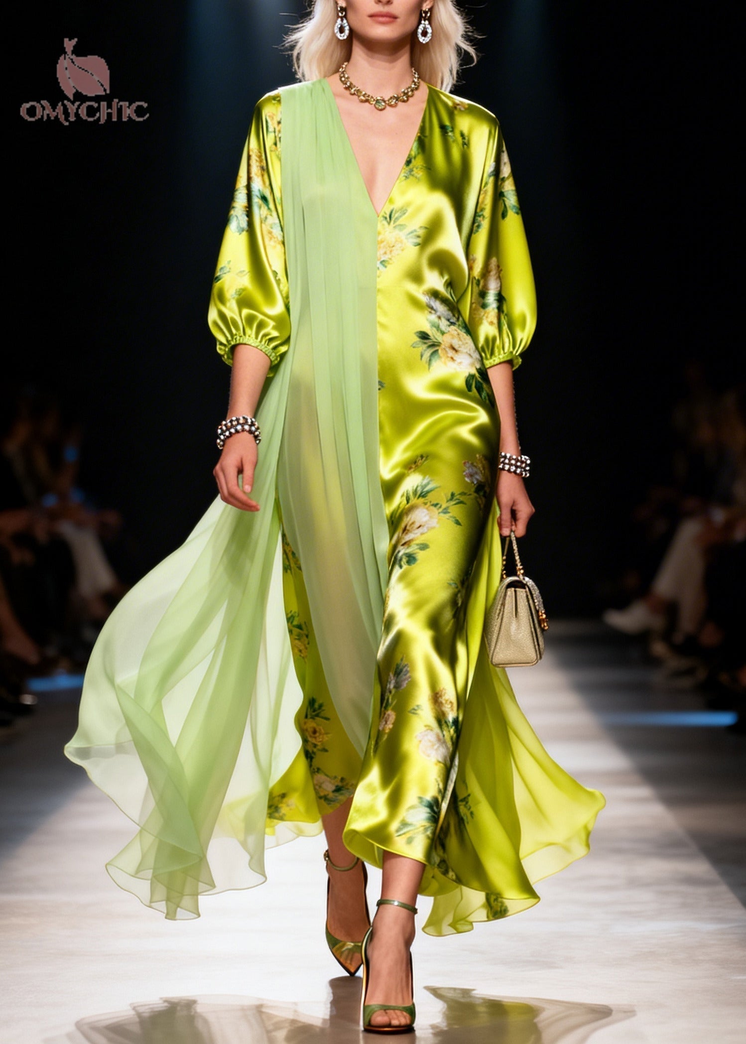 Floral Print Deep V-Neck Puff Sleeve Asymmetric Sheer Drape Satin Maxi Gown