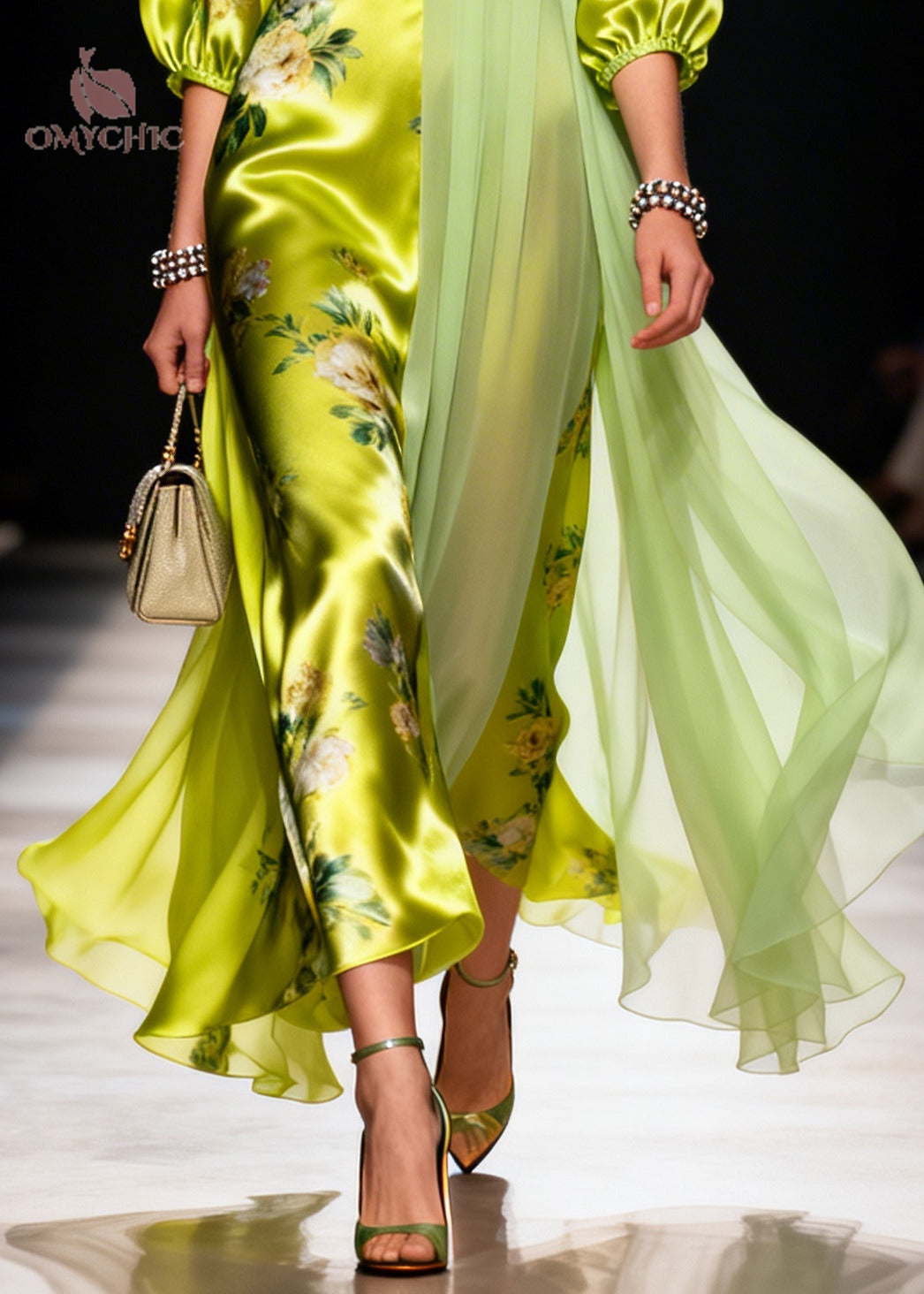 Floral Print Deep V-Neck Puff Sleeve Asymmetric Sheer Drape Satin Maxi Gown