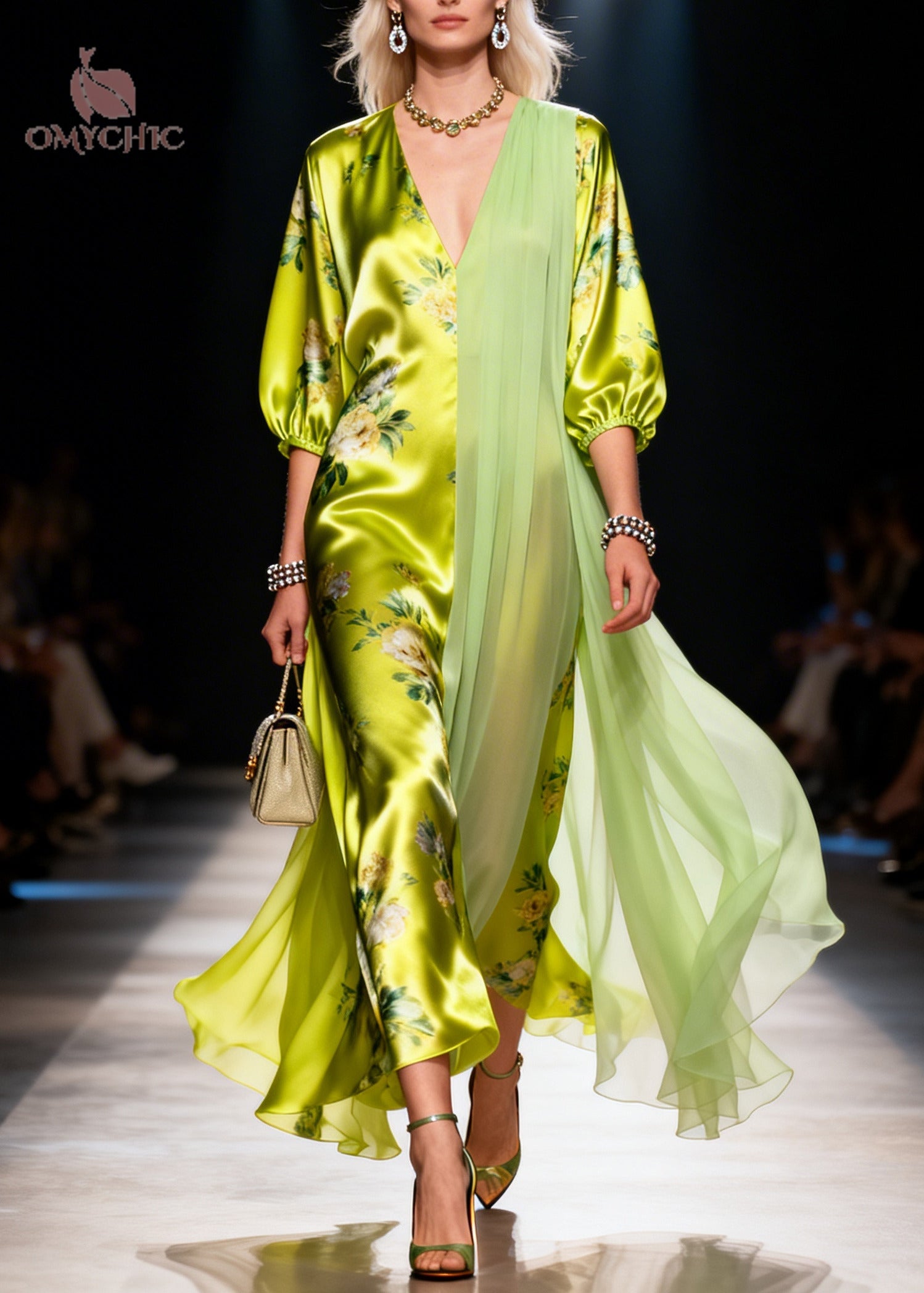 Floral Print Deep V-Neck Puff Sleeve Asymmetric Sheer Drape Satin Maxi Gown