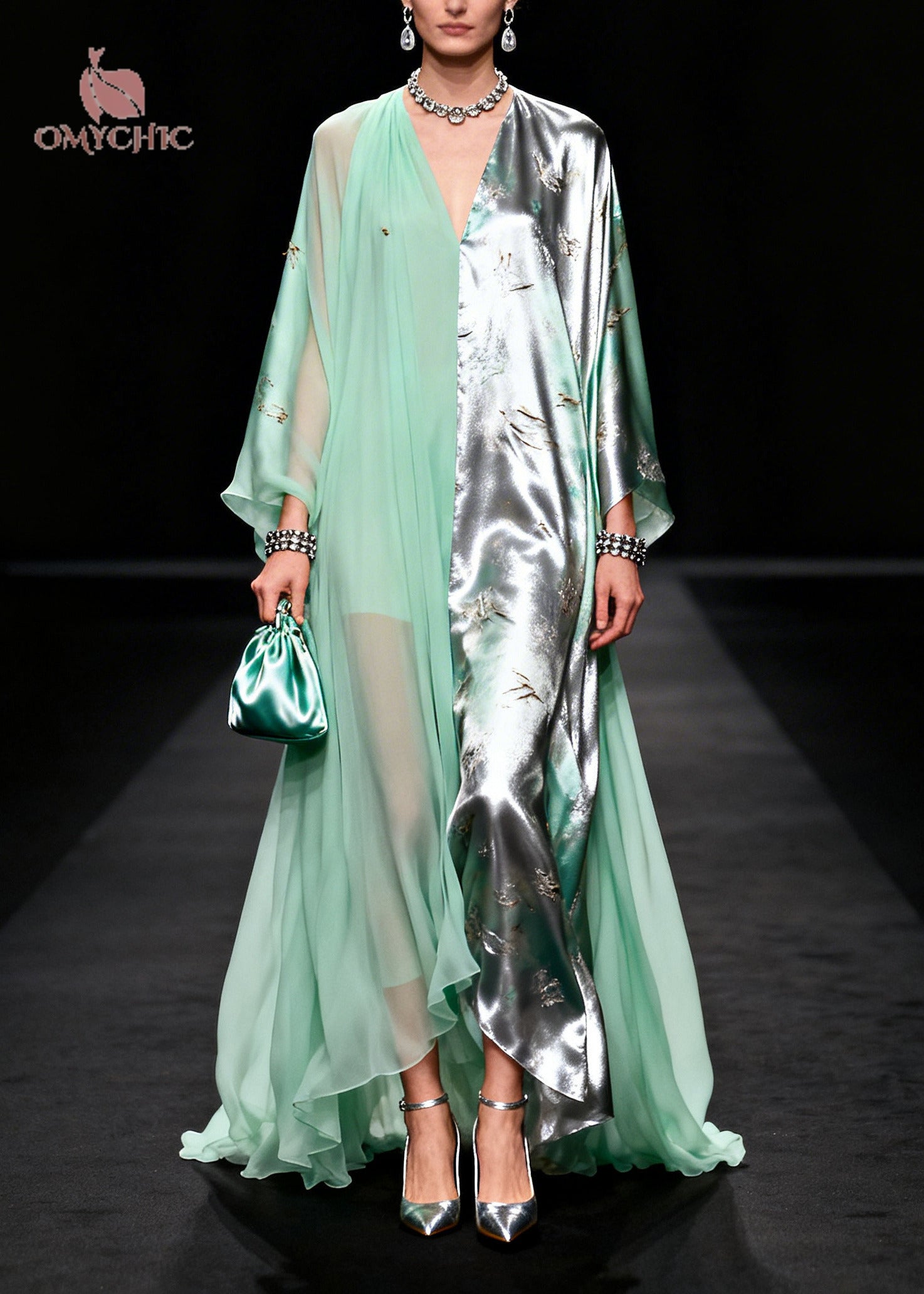 Two Tone Split Panel Deep V-Neck Kaftan Sleeve Layered Chiffon Maxi Gown